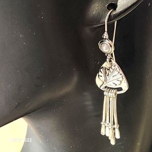 Bohemian Silver Plate Tassle Dangle Earrings Embossed Leaf Ancient Style Earring